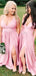 Pink Satin Spaghetti Straps A-line Long Cheap Custom V-neck Bridesmaid Dresses, MRB0195
