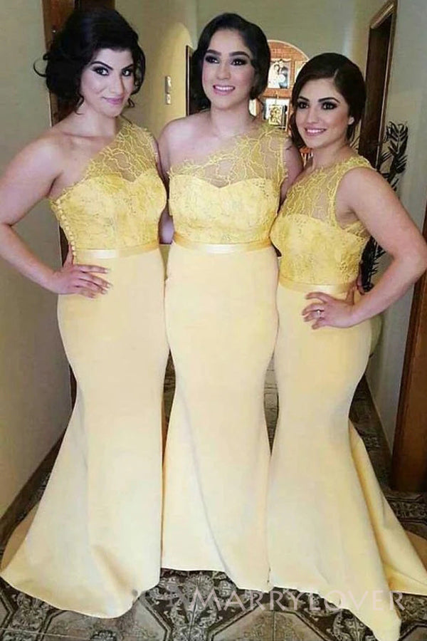 One Shoulder Yellow Lace Mermaid Long Cheap Custom Bridesmaid Dresses, MRB0198