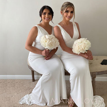 Deep V-neck White Mermaid Long Cheap V-back Bridesmaid Dresses, MRB0201