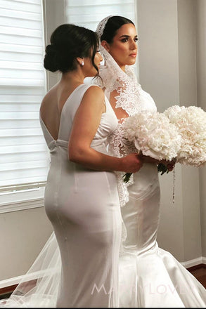 Deep V-neck White Mermaid Long Cheap V-back Bridesmaid Dresses, MRB0201