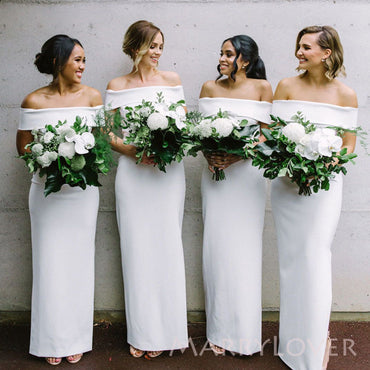 Simple Off Shoulder White Satin Long Cheap Mermaid Bridesmaid Dresses, MRB0203