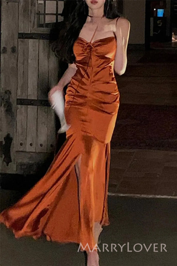 Burnt Orange Satin Spaghetti Straps Long Custom Mermaid Bridesmaid Dresses, MRB0204