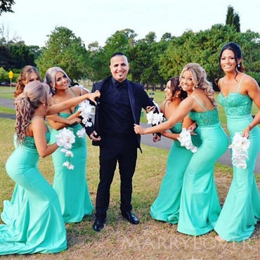 Spaghetti Straps Mermaid Mint Green Long Cheap Bridesmaid Dresses, MRB0210