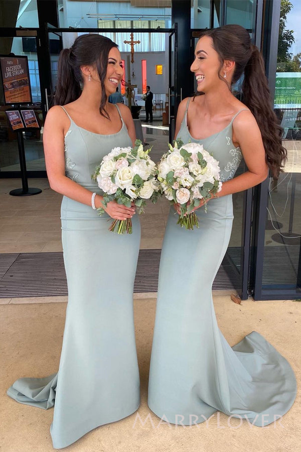 Spaghetti Straps Dusty Sage Satin Appliques Mermaid Long Cheap Bridesmaid Dresses, MRB0211 Spaghetti Straps Dusty Sage Satin Appliques Mermaid Long Cheap Bridesmaid Dresses, MRB0211