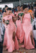 Mismatched Pink Satin Mermaid Long Cheap Custom Side Slit Bridesmaid Dresses, MRB0234