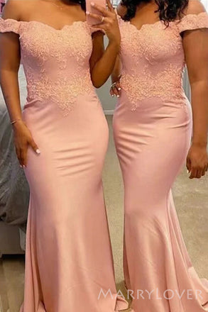 Pretty Off Shoulder Mermaid Long Cheap Custom Appliques Bridesmaid Dresses, MRB0238