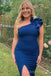 Moden One Shoulder Blue Mermaid Long Cheap Custom Bridesmaid Dresses, MRB0243