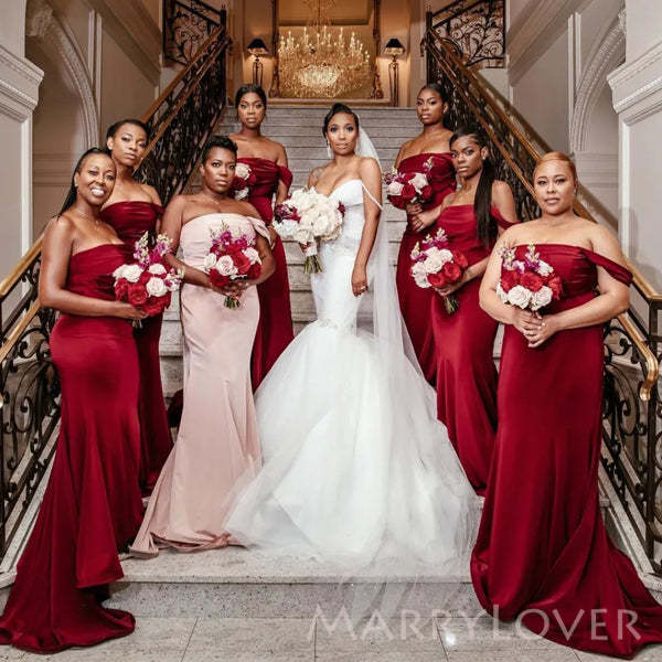 Dark Red Satin Mermaid Long Cheap Custom One Shoulder Bridesmaid Dress – MarryLover