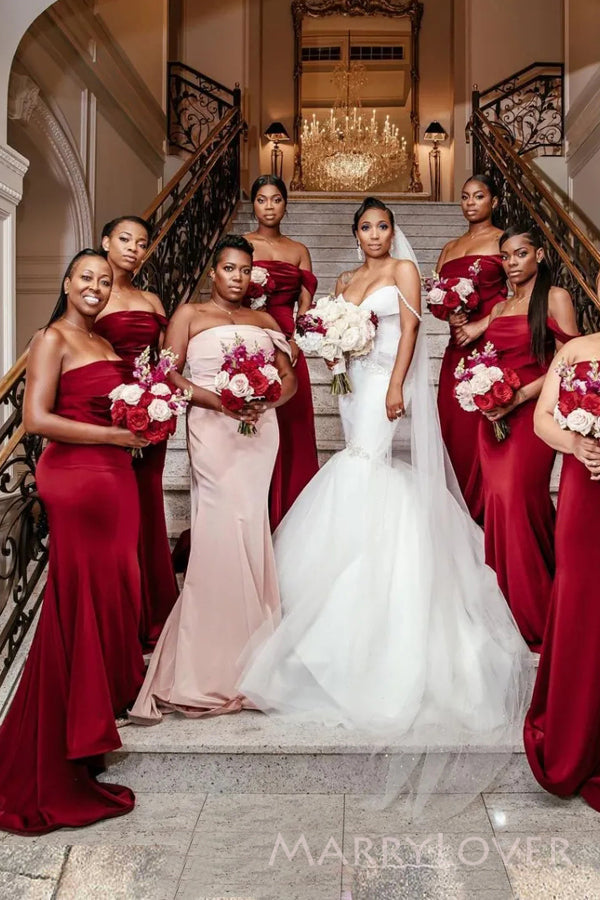 Dark Red Satin Mermaid Long Cheap Custom One Shoulder Bridesmaid Dresses, MRB0244 Dark Red Satin Mermaid Long Cheap Custom One Shoulder Bridesmaid Dresses, MRB0244