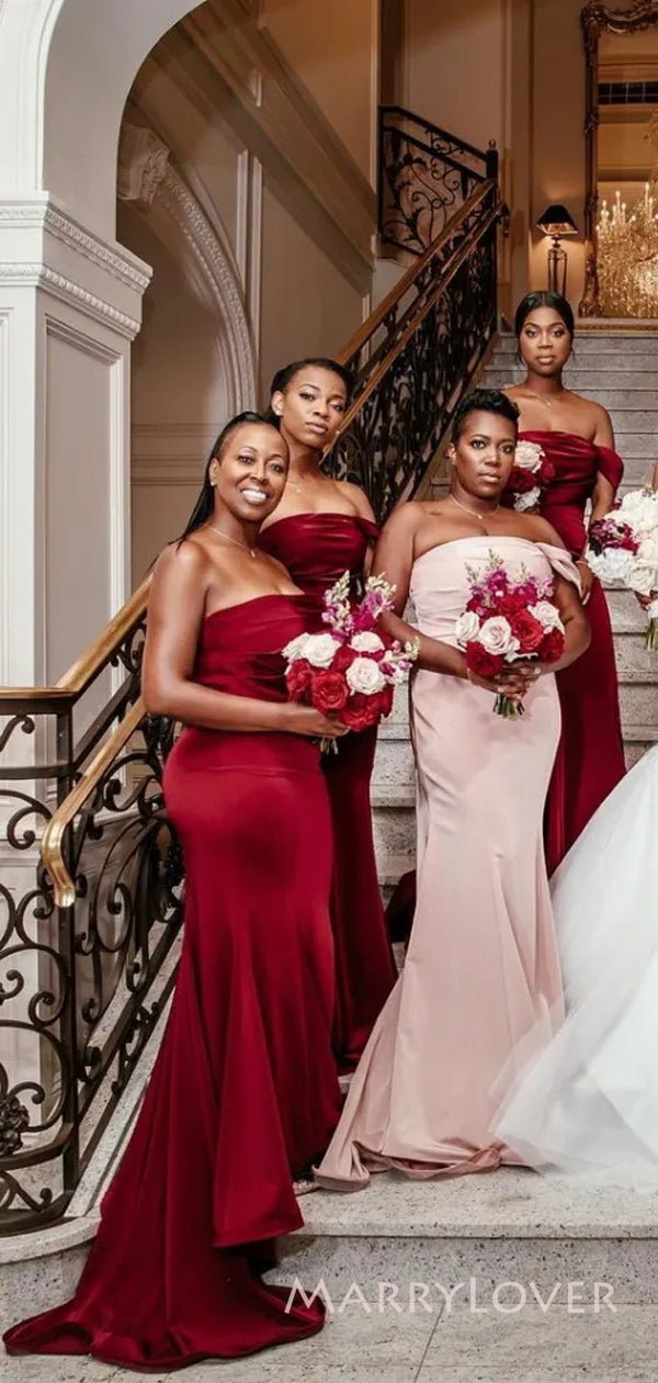 Dark Red Satin Mermaid Long Cheap Custom One Shoulder Bridesmaid Dresses, MRB0244 Dark Red Satin Mermaid Long Cheap Custom One Shoulder Bridesmaid Dresses, MRB0244