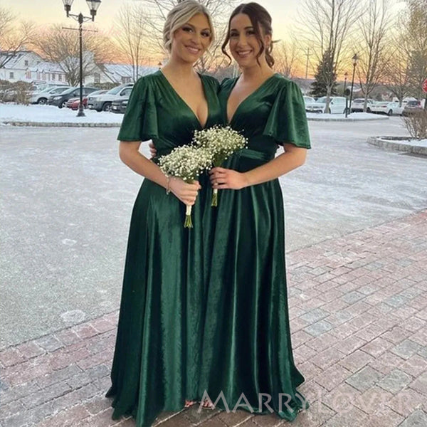 Popular V-neck Emerald Green Velvet Long Cheap Custom Bridesmaid Dresses, MRB0246