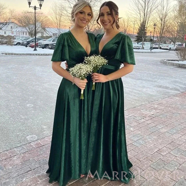 Popular V-neck Emerald Green Velvet Long Cheap Custom Bridesmaid Dress – MarryLover