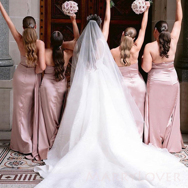 Rose Gold Satin Mermaid Strapless Long Cheap Custom Side Slit Bridesma MarryLover Rose Gold Satin Mermaid Strapless Long Cheap Custom Side Slit Bridesma MarryLover