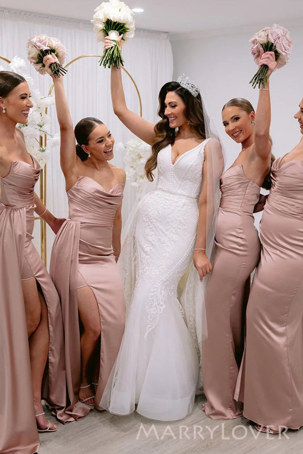 Rose Gold Satin Mermaid Strapless Long Cheap Custom Side Slit Bridesma – MarryLover