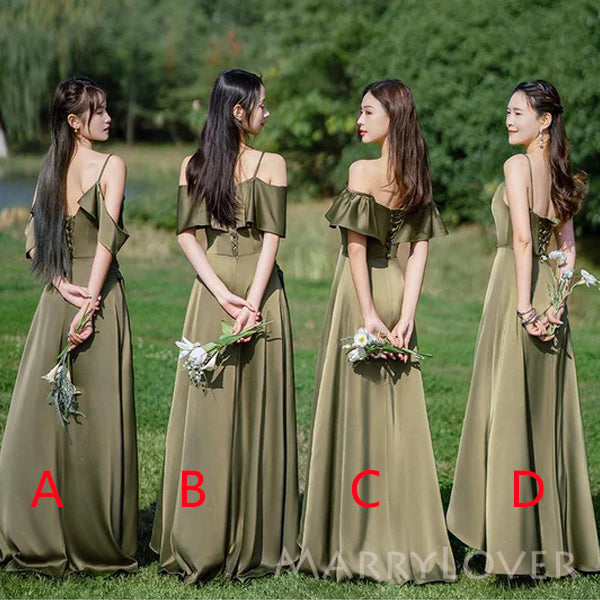 Mismatched Clover Satin Spaghetti Straps Long Cheap Custom Bridesmaid – MarryLover