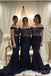 Navy Blue Satin Appliques Mermaid Long Cheap Custom Off Shoulder Bridesmaid Dresses, MRB0256