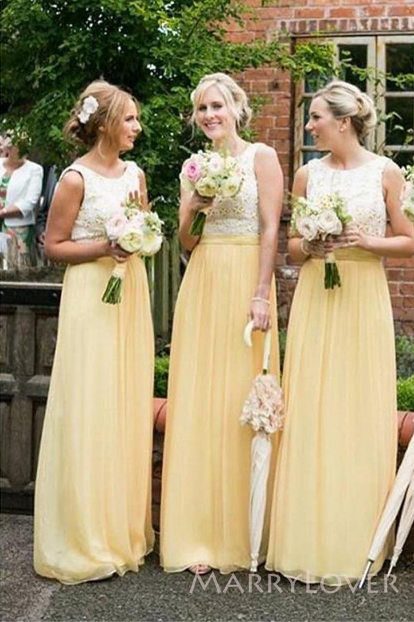 Yellow Chiffon Long Custom A-line Bridesmaid Dresses, MRB0261