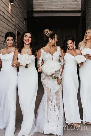 Spaghetti Straps Mermaid Cowl-neck White Long Custom Bridesmaid Dresses, MRB0262