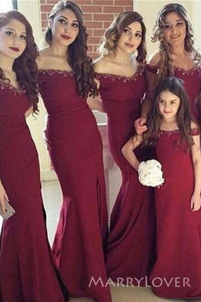Off Shoulder Dark Red Mermaid Long Cheap Custom Beaded Bridesmaid Dresses, MRB0271