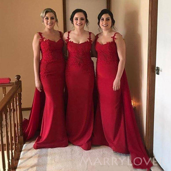 Formal Red Mermaid Straps Long Cheap Custom appliques Bridesmaid Dresses, MRB0274