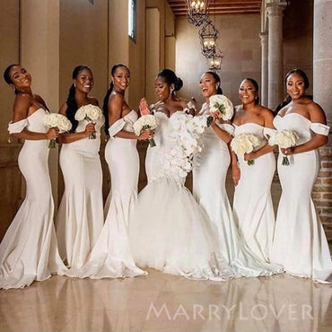 Morden White Off Shoulder Mermaid Long Cheap Custom Bridesmaid Dresses, MRB0278