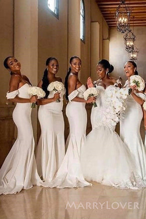 Morden White Off Shoulder Mermaid Long Cheap Custom Bridesmaid Dresses, MRB0278