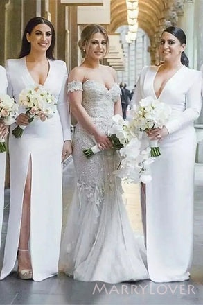 Deep V-neck White Mermaid Long Cheap Custom Long Sleeves Formal Bridesmaid Dresses, MRB0281