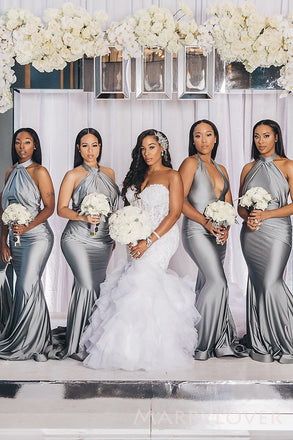 Mismatched Silver Grey Satin Long Cheap Custom Mermaid Bridesmaid Dresses, MRB0284