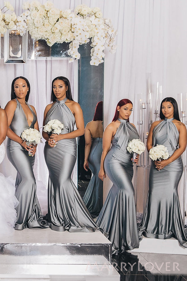 Mismatched Silver Grey Satin Long Cheap Custom Mermaid Bridesmaid Dres MarryLover Mismatched Silver Grey Satin Long Cheap Custom Mermaid Bridesmaid Dres MarryLover