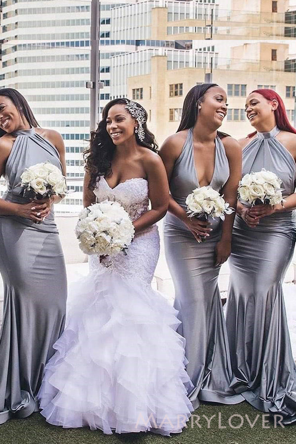Mismatched Silver Grey Satin Long Cheap Custom Mermaid Bridesmaid Dres – MarryLover