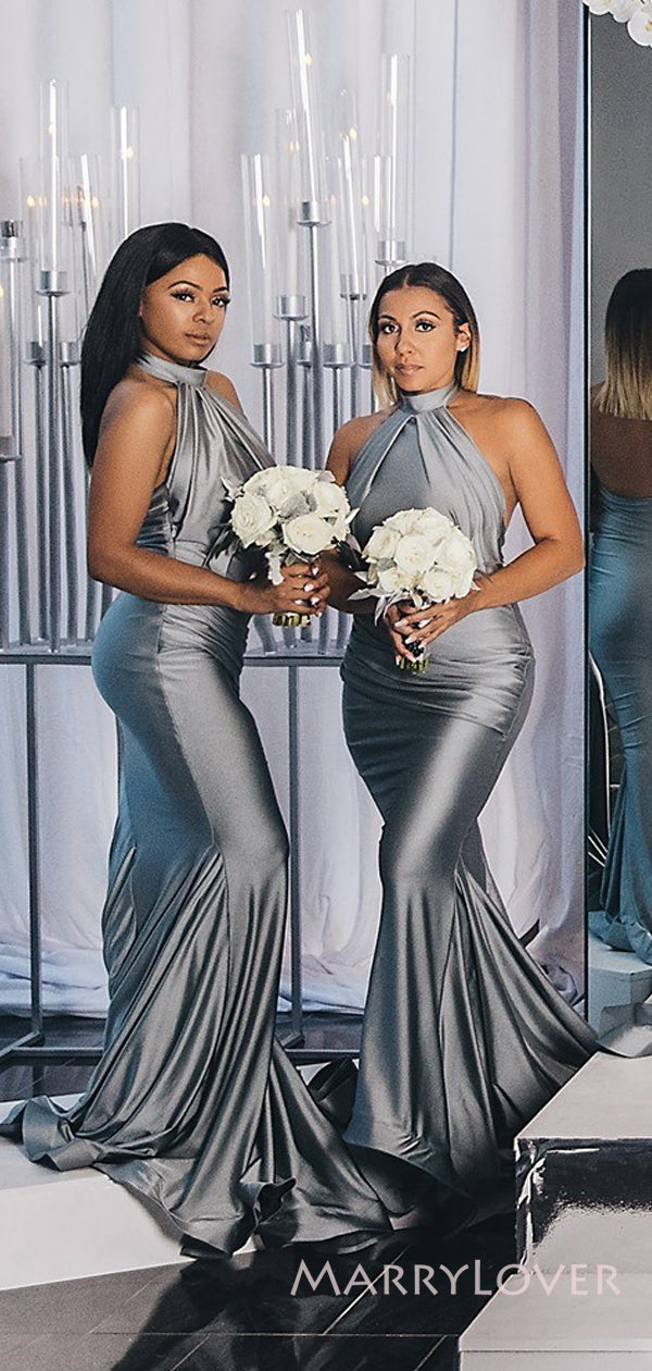 silver mermaid bridesmaid dresses Ball Gown Silver Mermaid Bridesmaid Dresses Silver Crystals Halter Glitter Mermaid Designer Prom Dress, Thigh Length Lining Dress