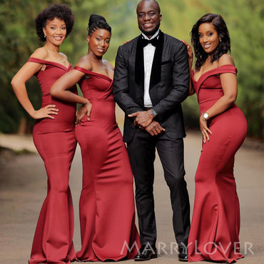 Mermaid Off Shoulder Satin Long Cheap Custom Pretty Bridesmaid Dresses, MRB0291