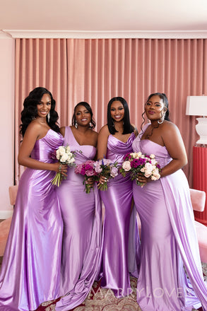 Mismatched Lilac Satin Mermaid Long Cheap Custom Bridesmaid Dresses, MRB0293
