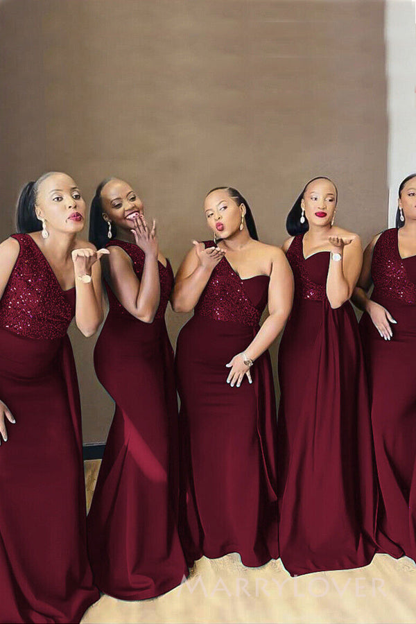 One Shoulder Burgundy Mermaid Long Cheap Custom Bridesmaid Dresses, MRB0294 One Shoulder Burgundy Mermaid Long Cheap Custom Bridesmaid Dresses, MRB0294
