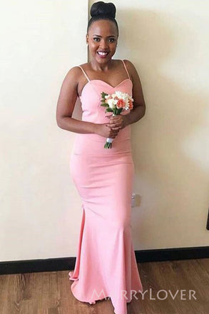Pink Spaghetti Straps Mermaid Long Cheap Custom Sweetheart Bridesmaid Dresses, MRB0296