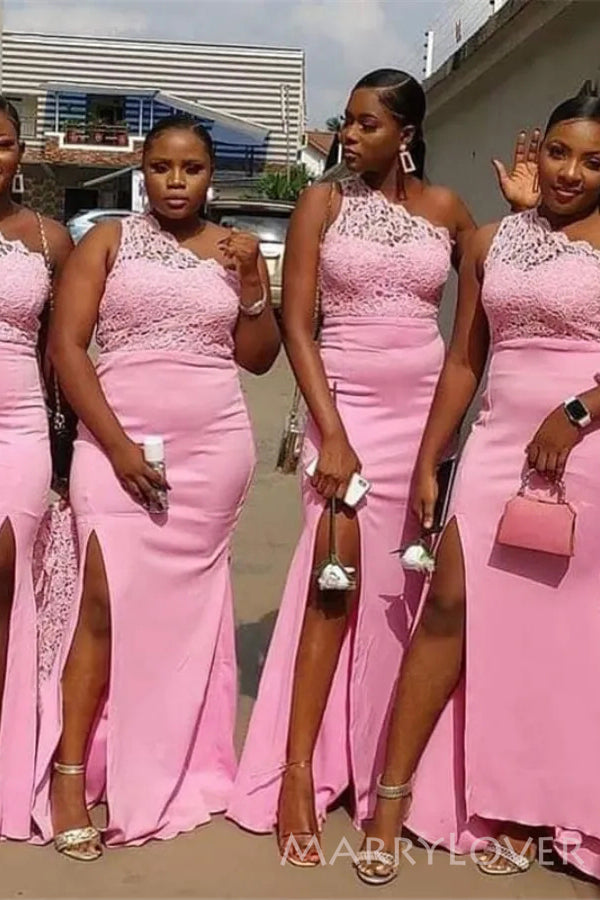One Shoulder Lace Pink Long Custom Mermaid Bridesmaid Dresses, MRB0312 MarryLover One Shoulder Lace Pink Long Custom Mermaid Bridesmaid Dresses, MRB0312 MarryLover
