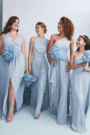 Mismatched Dusty Blue Long Cheap Custom Side Slit Bridesmaid Dresses, MRB0322
