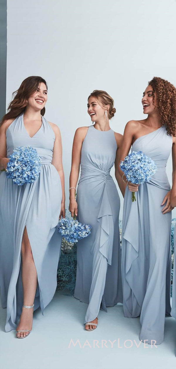 Mismatched Dusty Blue Long Cheap Custom Side Slit Bridesmaid Dresses, MRB0322 Mismatched Dusty Blue Long Cheap Custom Side Slit Bridesmaid Dresses, MRB0322