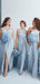 Mismatched Dusty Blue Long Cheap Custom Side Slit Bridesmaid Dresses, MRB0322