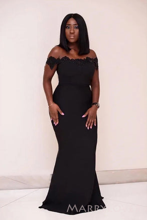 Off Shoulder Black Satin Appliques Long Cheap Mermaid Bridesmaid Dresses, MRB0327