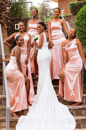 Mismatched Pink Satin Mermaid Long Cheap Side Slit Bridesmaid Dresses, MRB0329