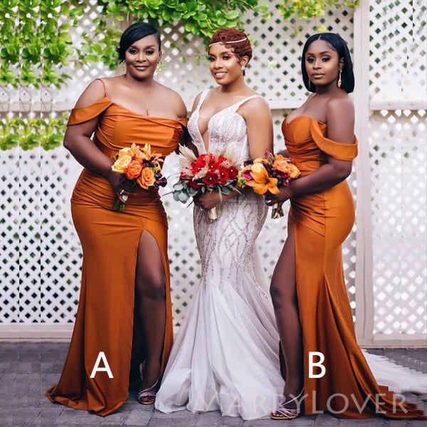Burnt Orange Satin Mismatched Off Shoulder Long Cheap Mermaid Bridesmaid Dresses, MRB0333 Burnt Orange Satin Mismatched Off Shoulder Long Cheap Mermaid Bridesmaid Dresses, MRB0333