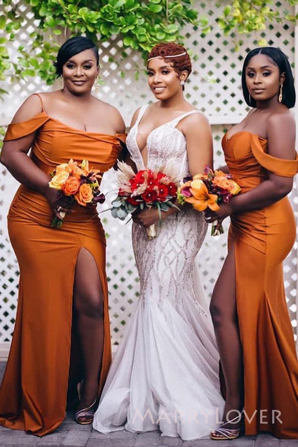 Burnt Orange Satin Mismatched Off Shoulder Long Cheap Mermaid Bridesmaid Dresses, MRB0333 Burnt Orange Satin Mismatched Off Shoulder Long Cheap Mermaid Bridesmaid Dresses, MRB0333