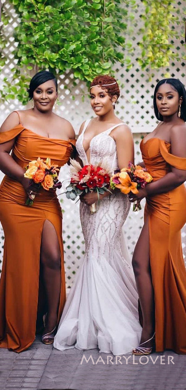 Burnt Orange Satin Mismatched Off Shoulder Long Cheap Mermaid Bridesmaid Dresses, MRB0333 Burnt Orange Satin Mismatched Off Shoulder Long Cheap Mermaid Bridesmaid Dresses, MRB0333