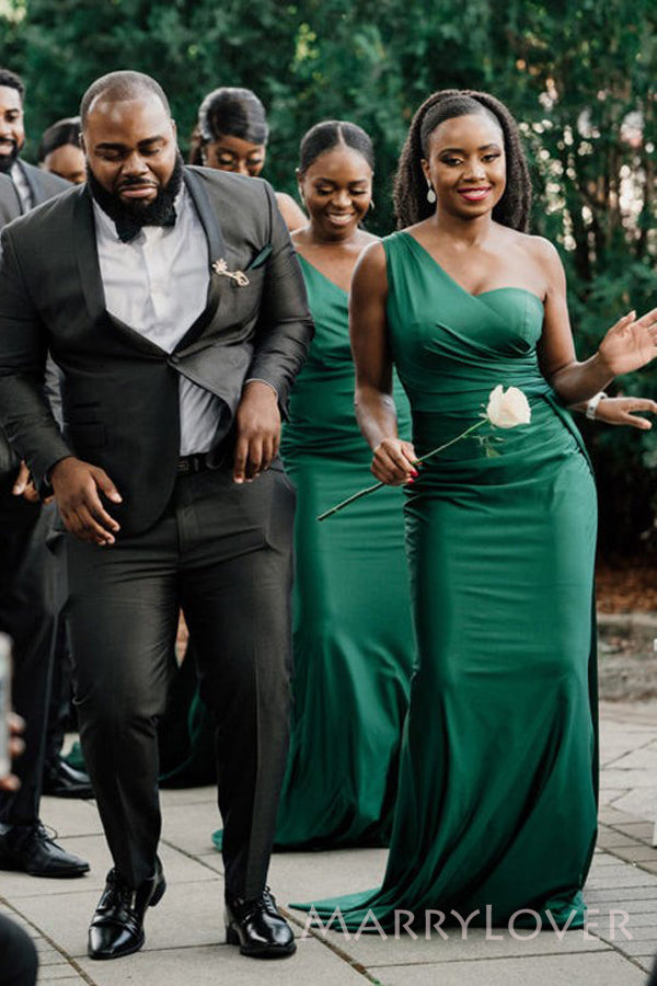Mismatched Emerald Green Satin Mermaid Long Cheap Side Slit Bridesmaid – MarryLover