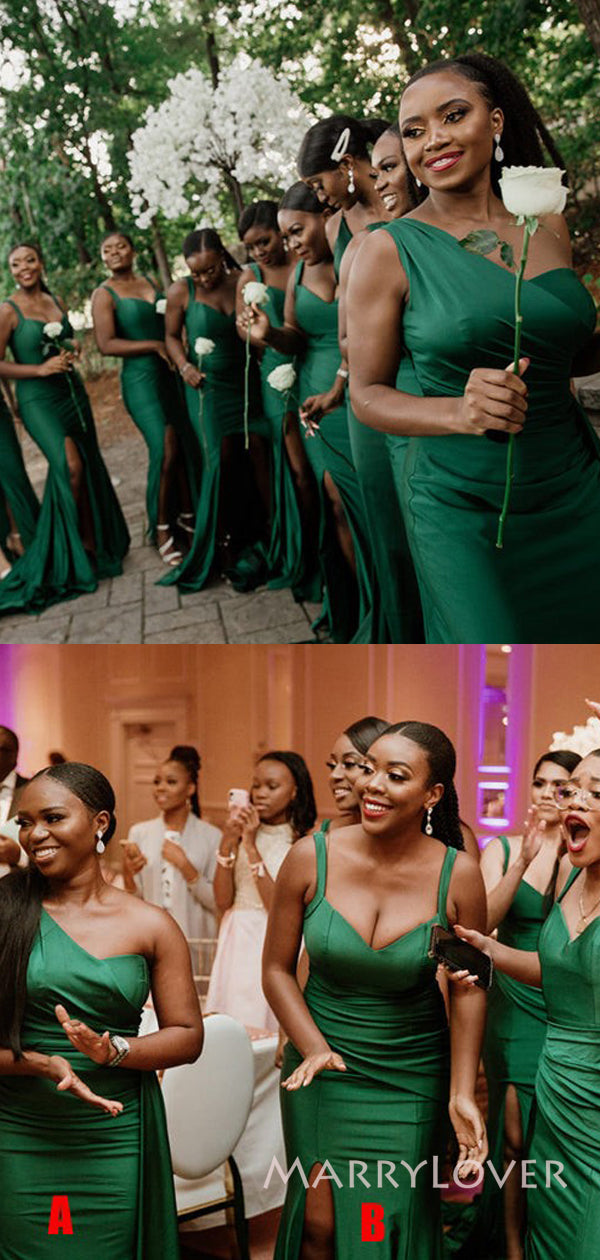 Mismatched Emerald Green Satin Mermaid Long Cheap Side Slit Bridesmaid Dresses, MRB0336 Mismatched Emerald Green Satin Mermaid Long Cheap Side Slit Bridesmaid Dresses, MRB0336