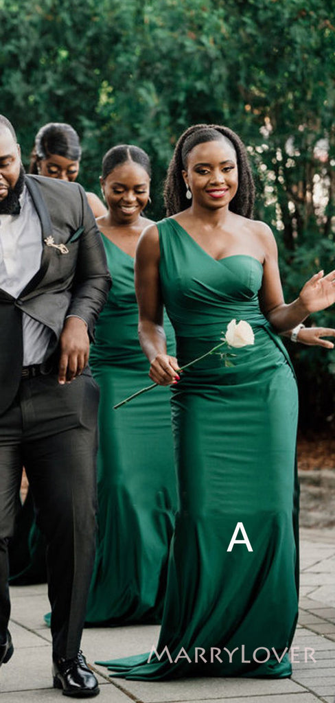 Mismatched Emerald Green Satin Mermaid Long Cheap Side Slit Bridesmaid – MarryLover