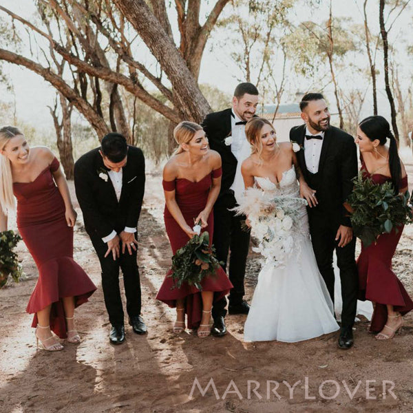 maroon mermaid bridesmaid dresses Burgundy Off-The-Shoulder Satin Mermaid Bridesmaid Dress FancyVestido