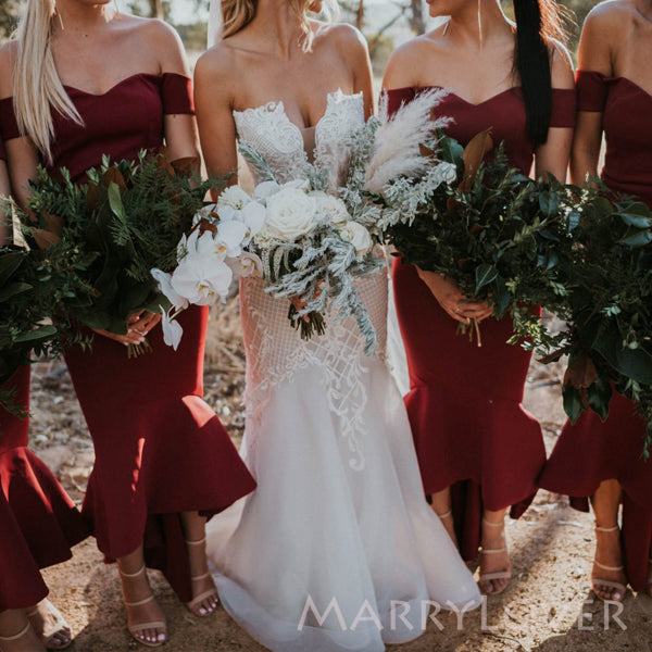 Off Shoulder Burgundy Mermaid Long Cheap Custom Satin Bridesmaid Dress MarryLover Off Shoulder Burgundy Mermaid Long Cheap Custom Satin Bridesmaid Dress MarryLover