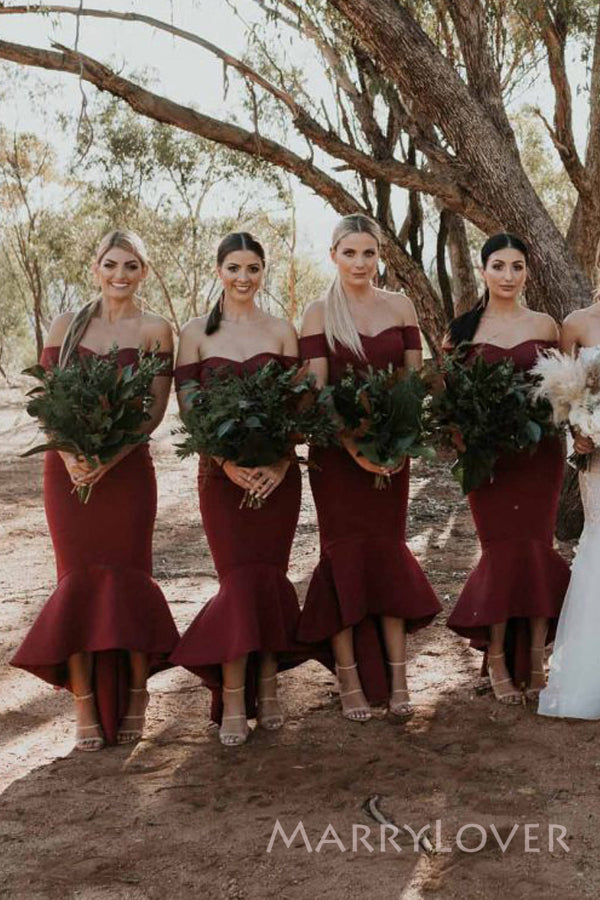 Off Shoulder Burgundy Mermaid Long Cheap Custom Satin Bridesmaid Dress MarryLover Off Shoulder Burgundy Mermaid Long Cheap Custom Satin Bridesmaid Dress MarryLover